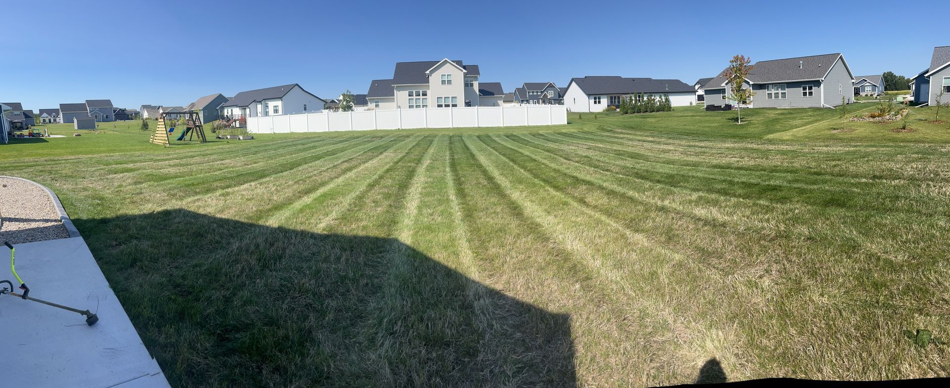 Lawn mowed with stripes, suburban homes in the background under a blue sky.