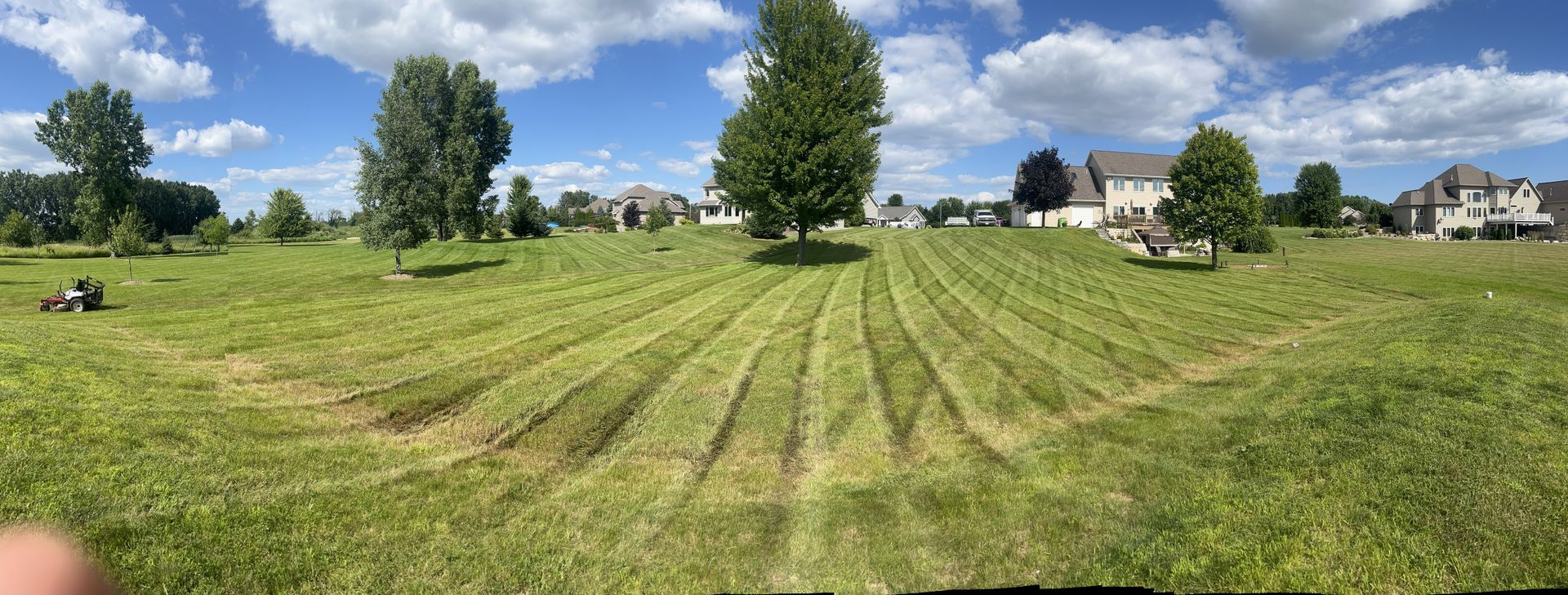 A large grassy lawn with freshly cut strips, trees, houses, and a blue sky with clouds.