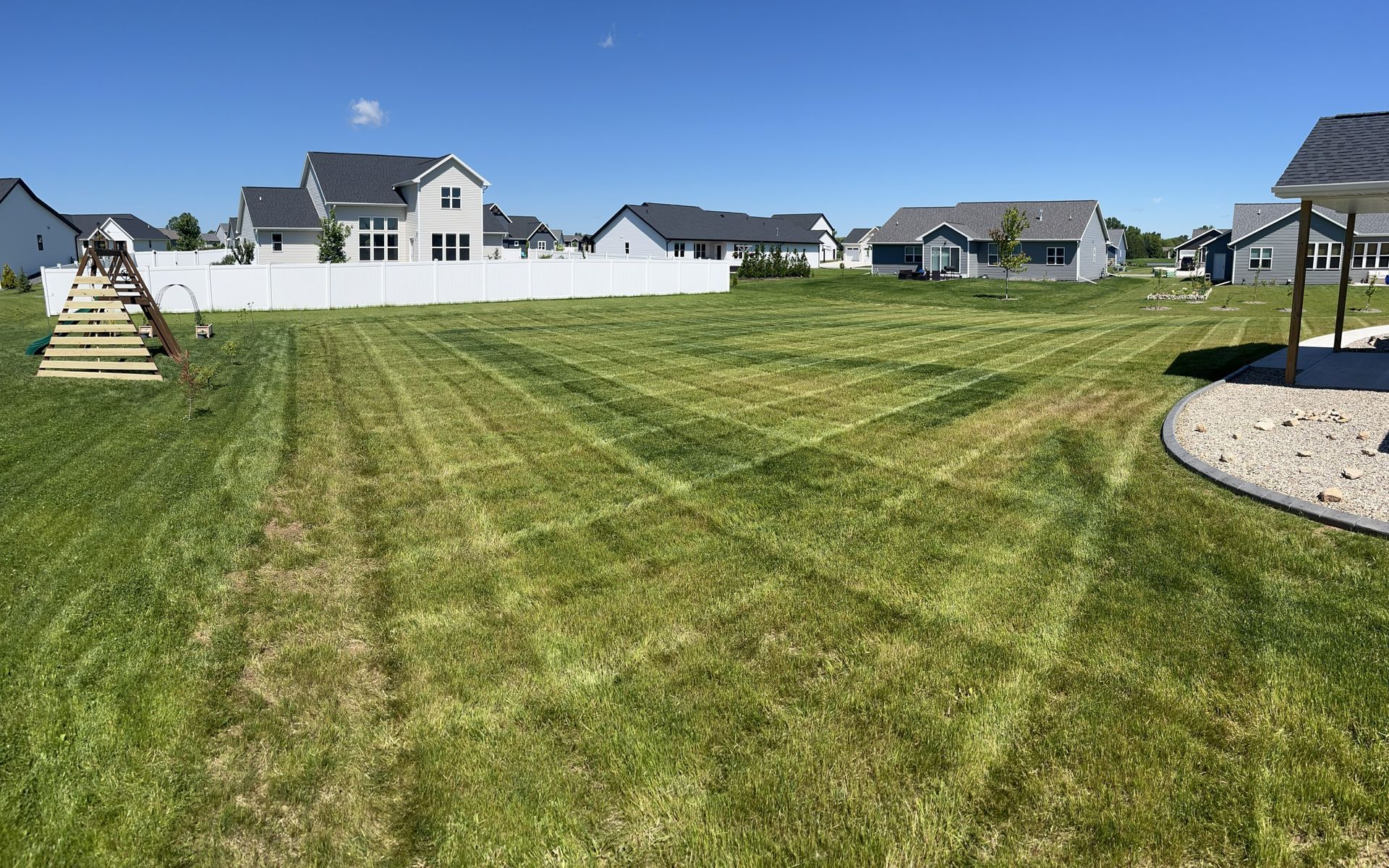 Green lawn with cut patterns, suburban houses in background, sunny day.