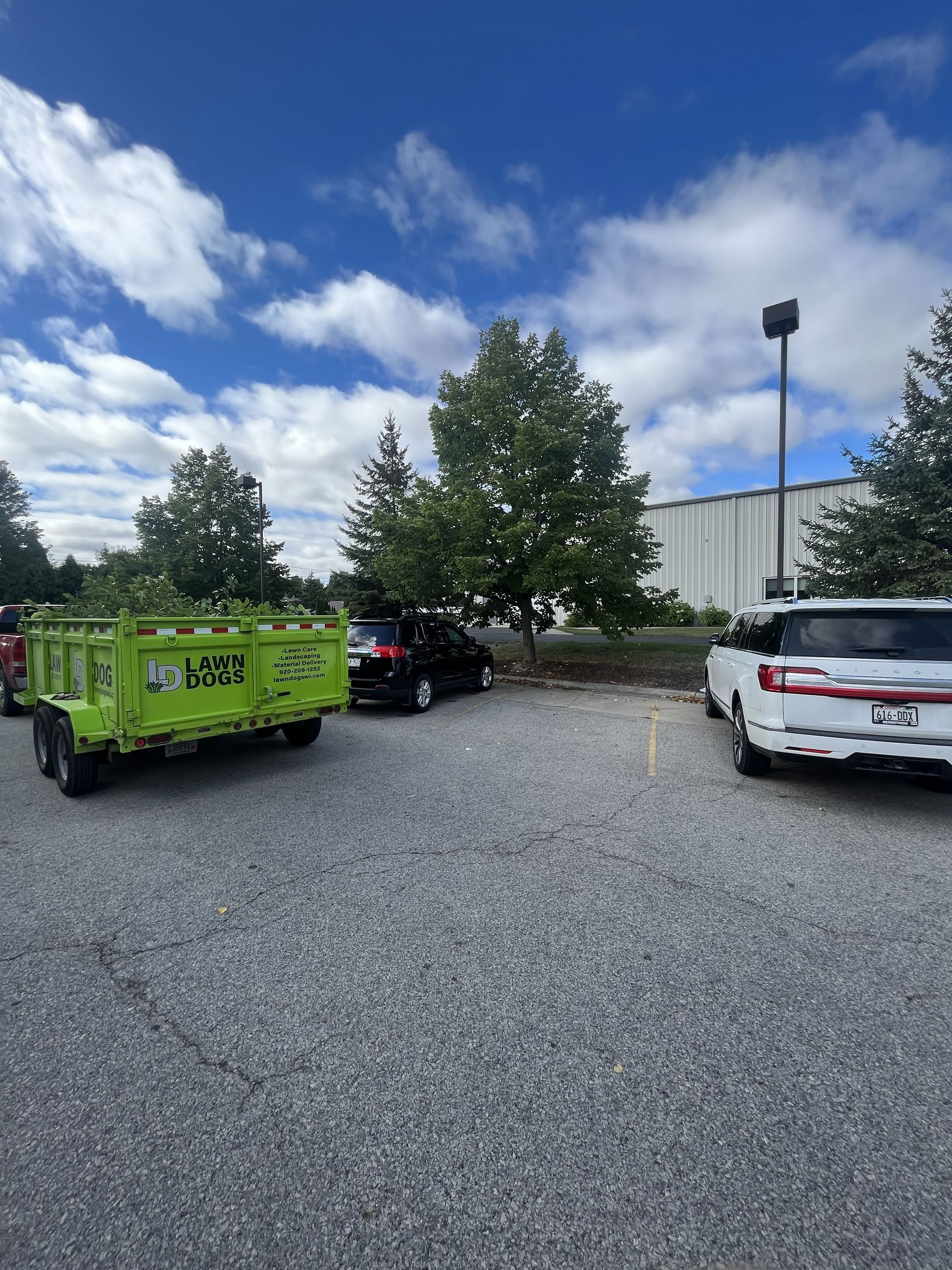 Green trailer loaded with branches, parked among cars in a gravel lot under a cloudy blue sky.