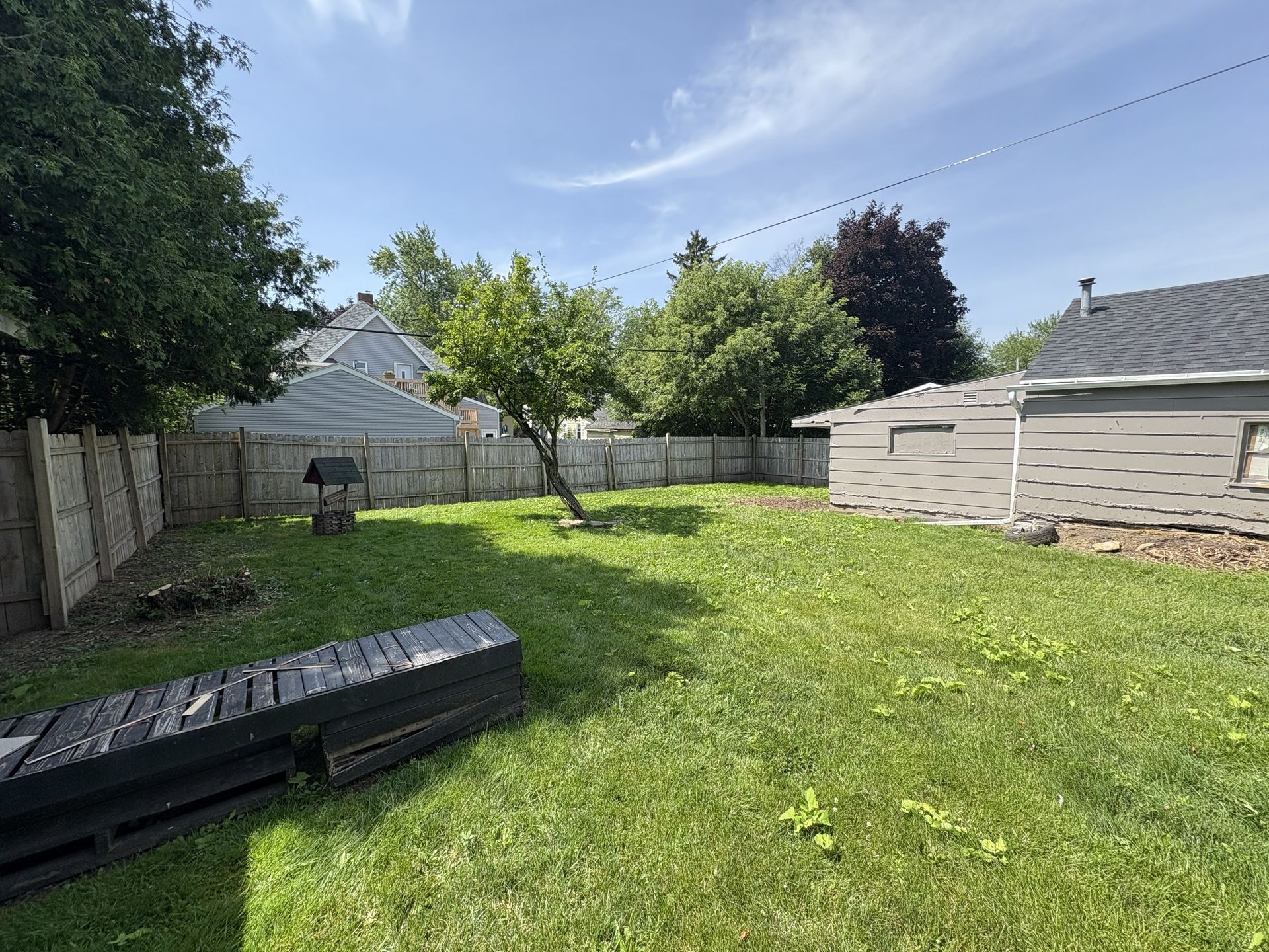 Backyard with wooden fence, patchy green grass, small tree, and a building on a sunny day.