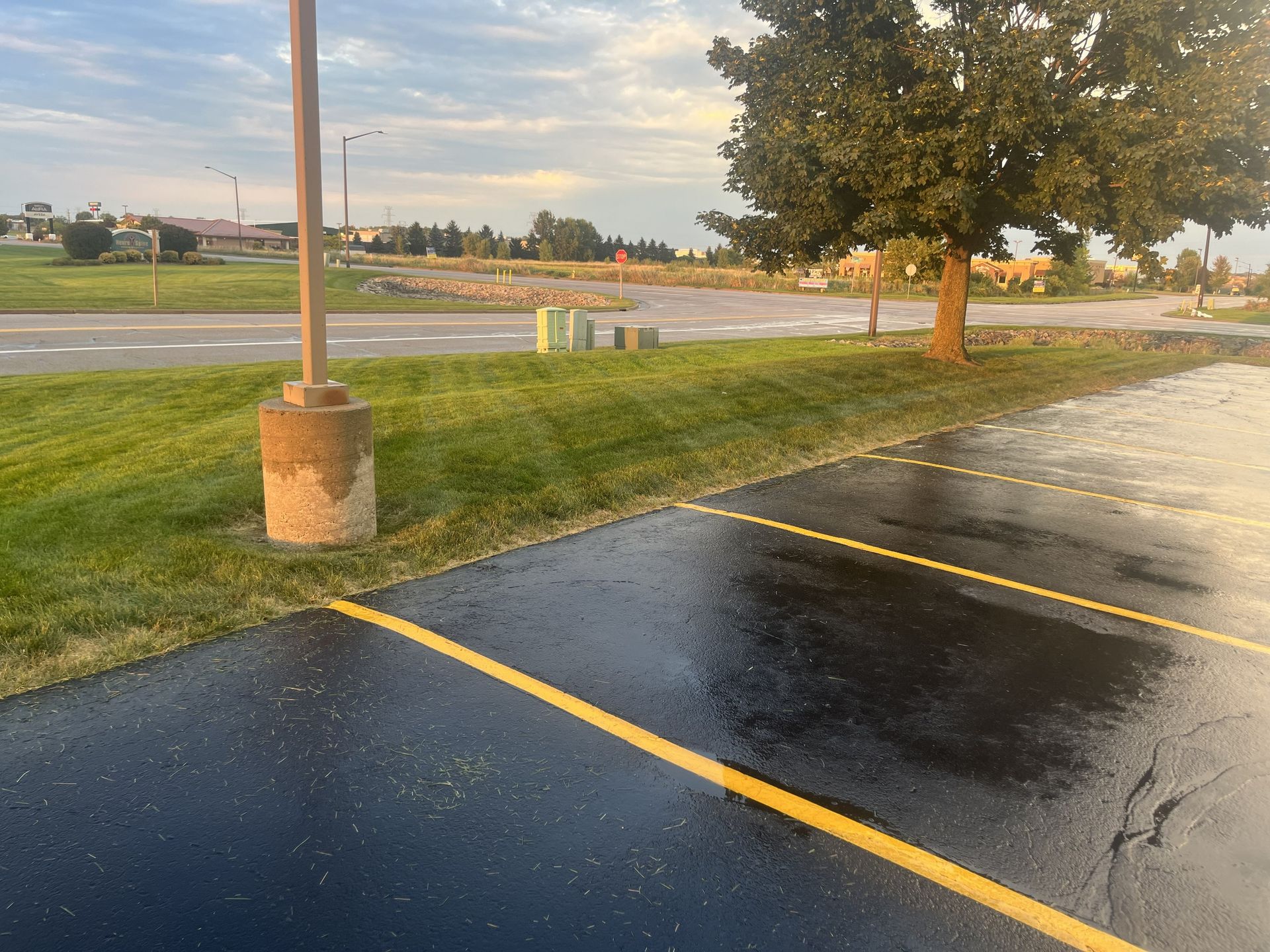 Wet parking lot with yellow lines, grass, a tree, and a concrete light pole. Distant road and sky.