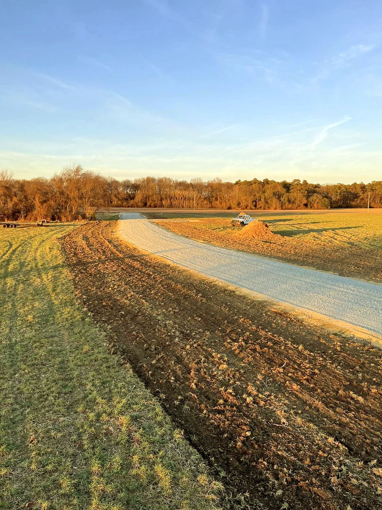 A dirt road going through a field with trees in the background.