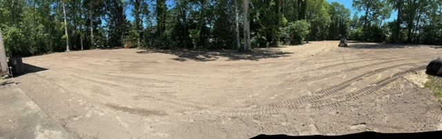 A dirt road in the middle of a forest with trees in the background.