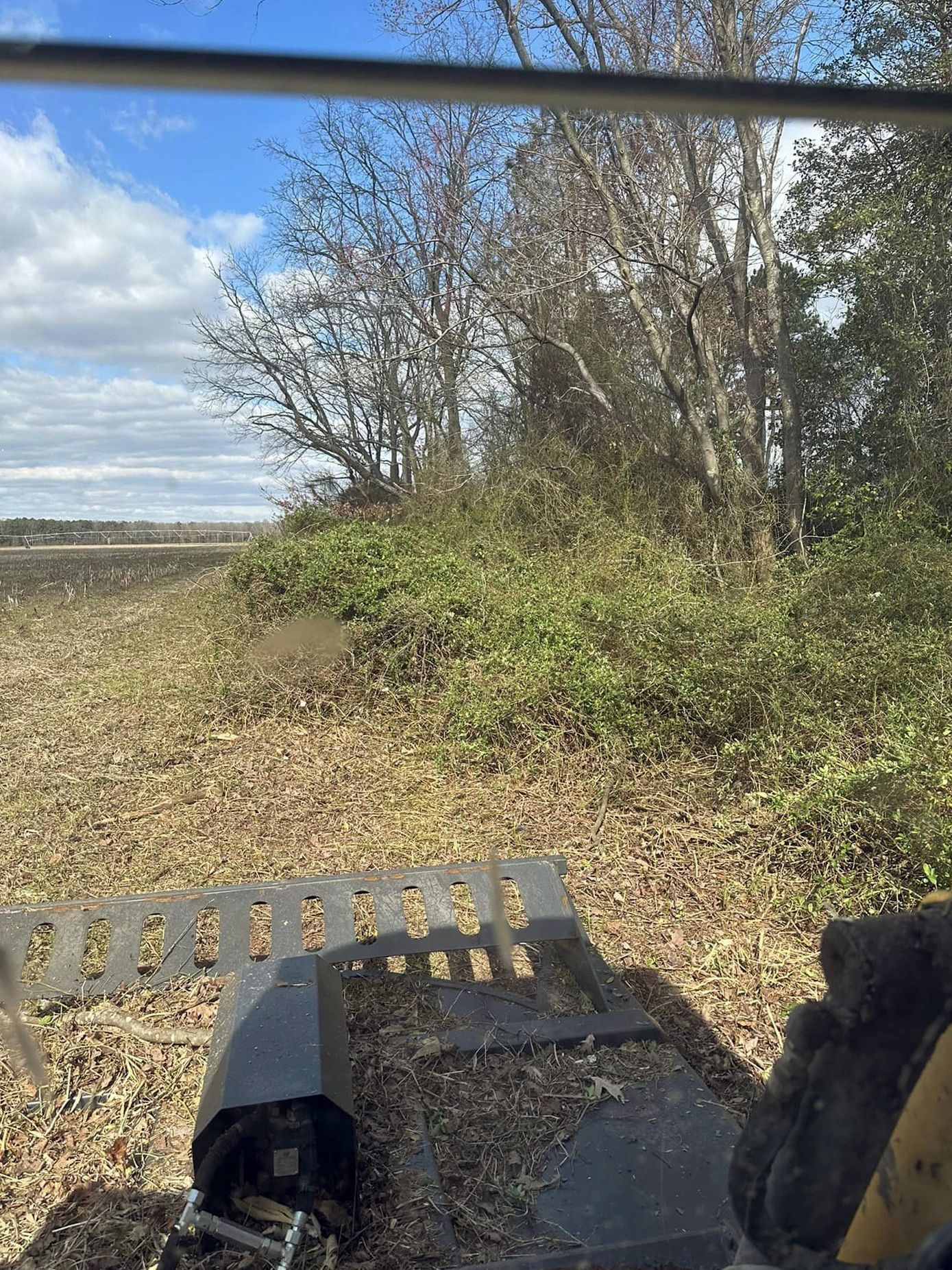 A tractor is cutting grass in a field with trees in the background.