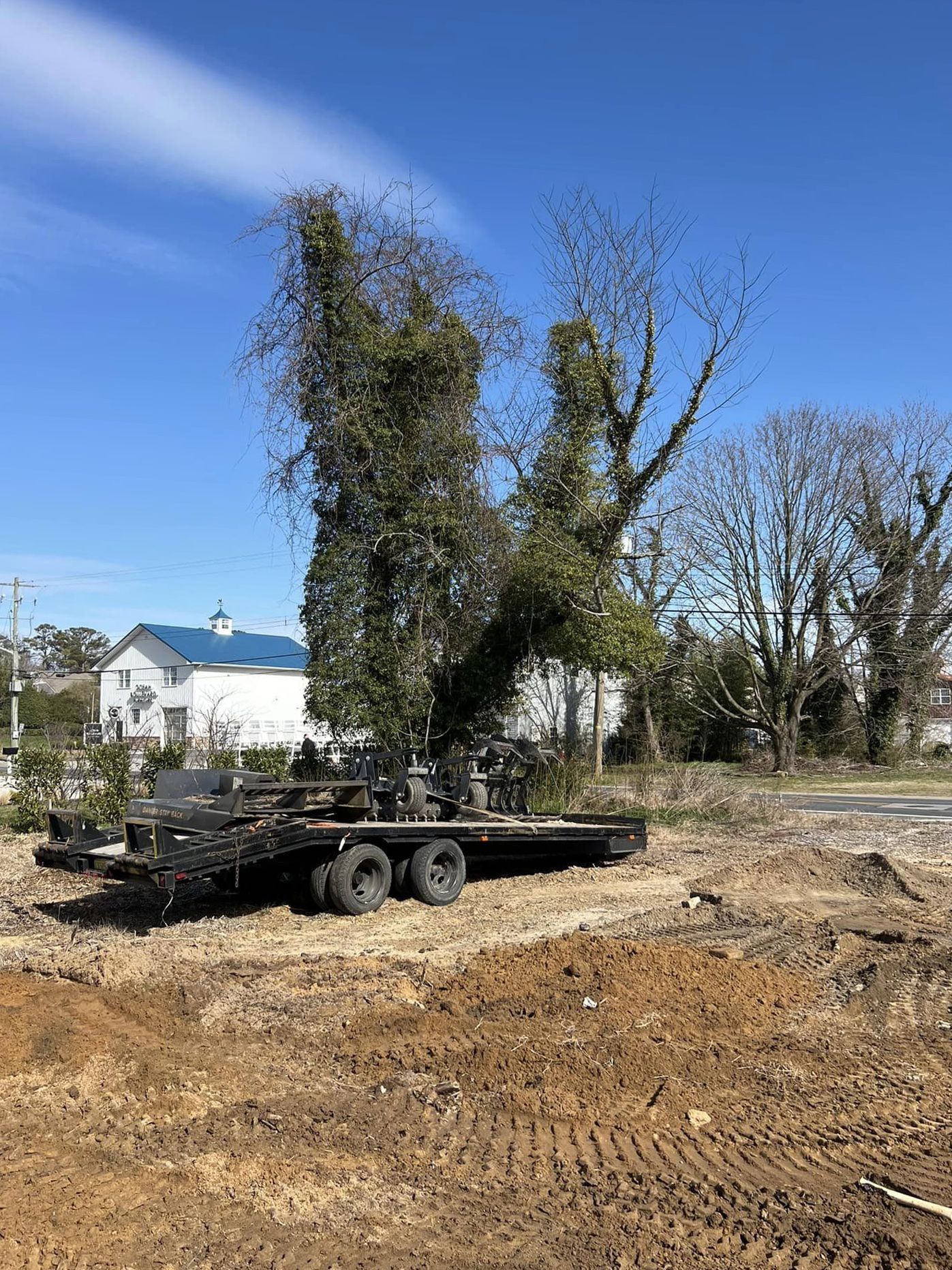 A trailer with a tree on it is parked in a dirt field.