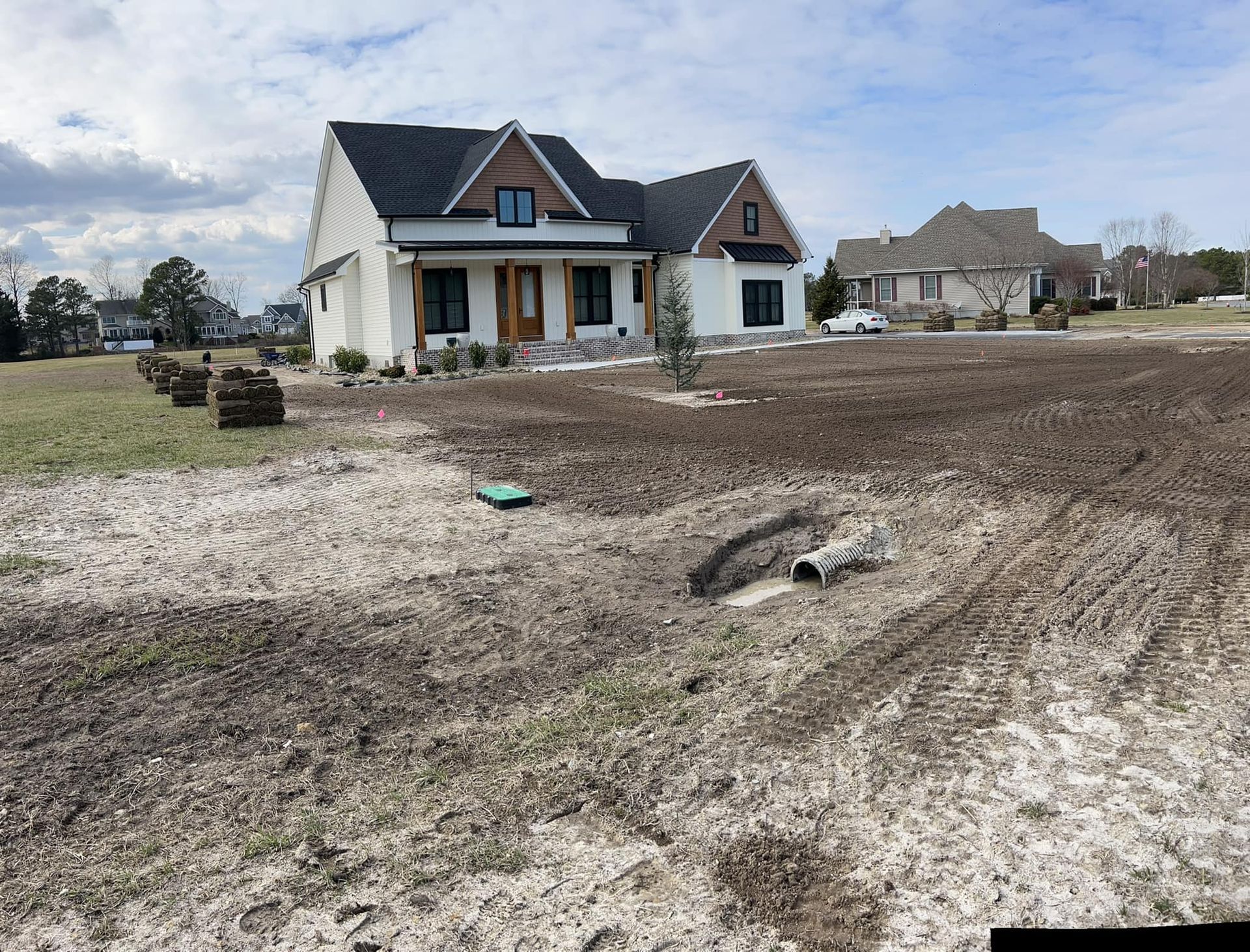 A house is sitting in the middle of a dirt field