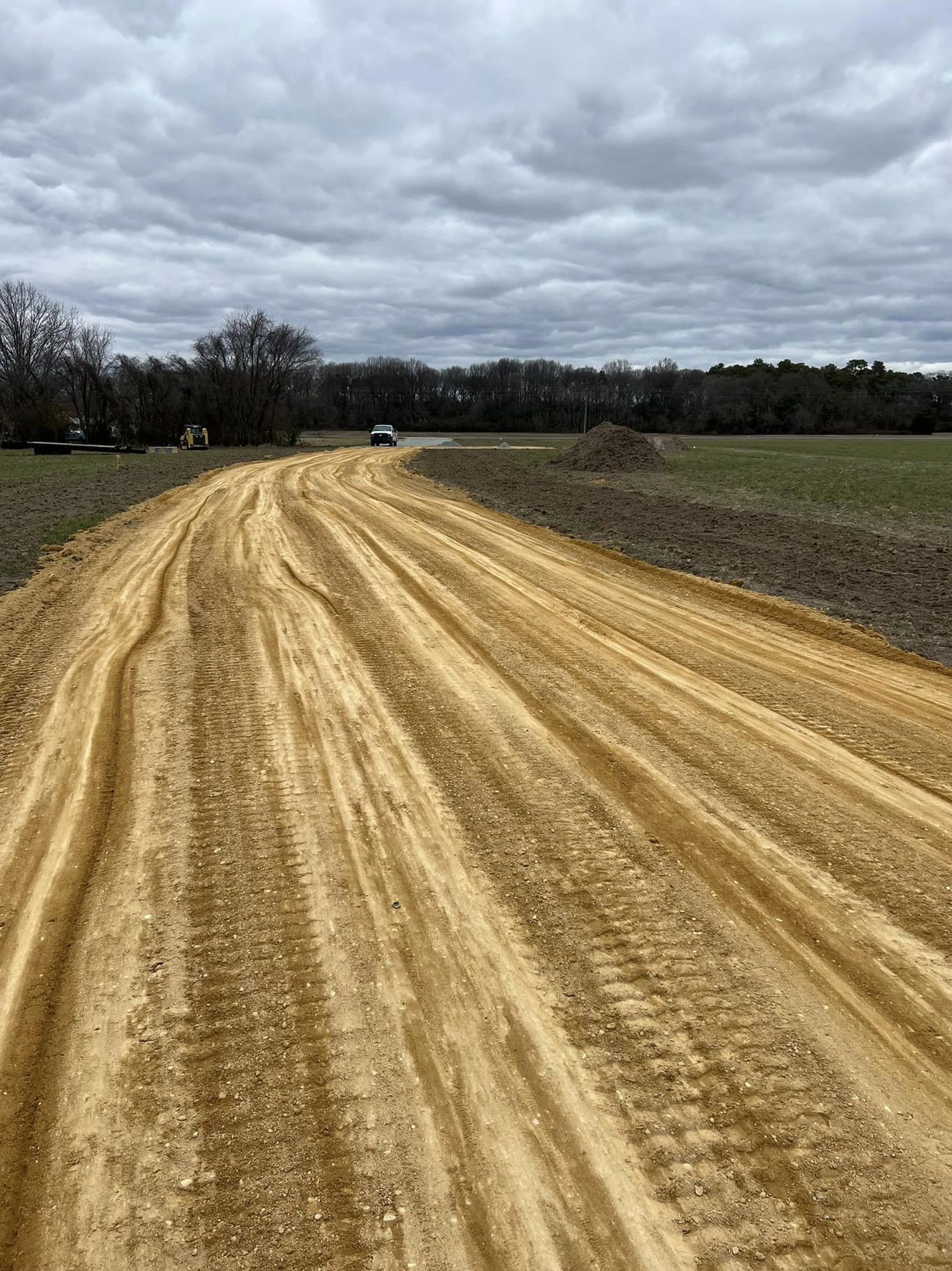 A dirt road going through a field on a cloudy day.