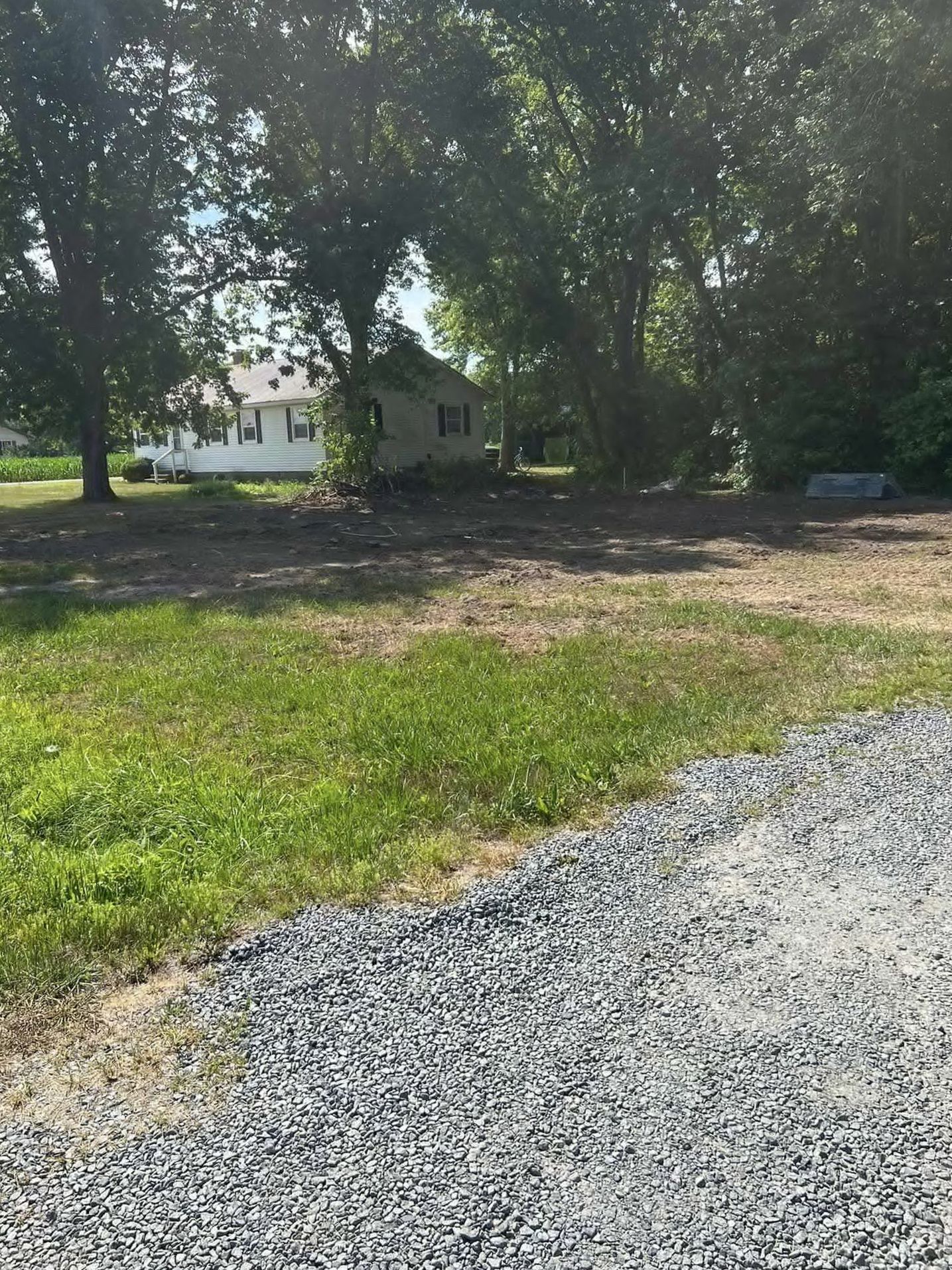A gravel road leading to a house in the woods.