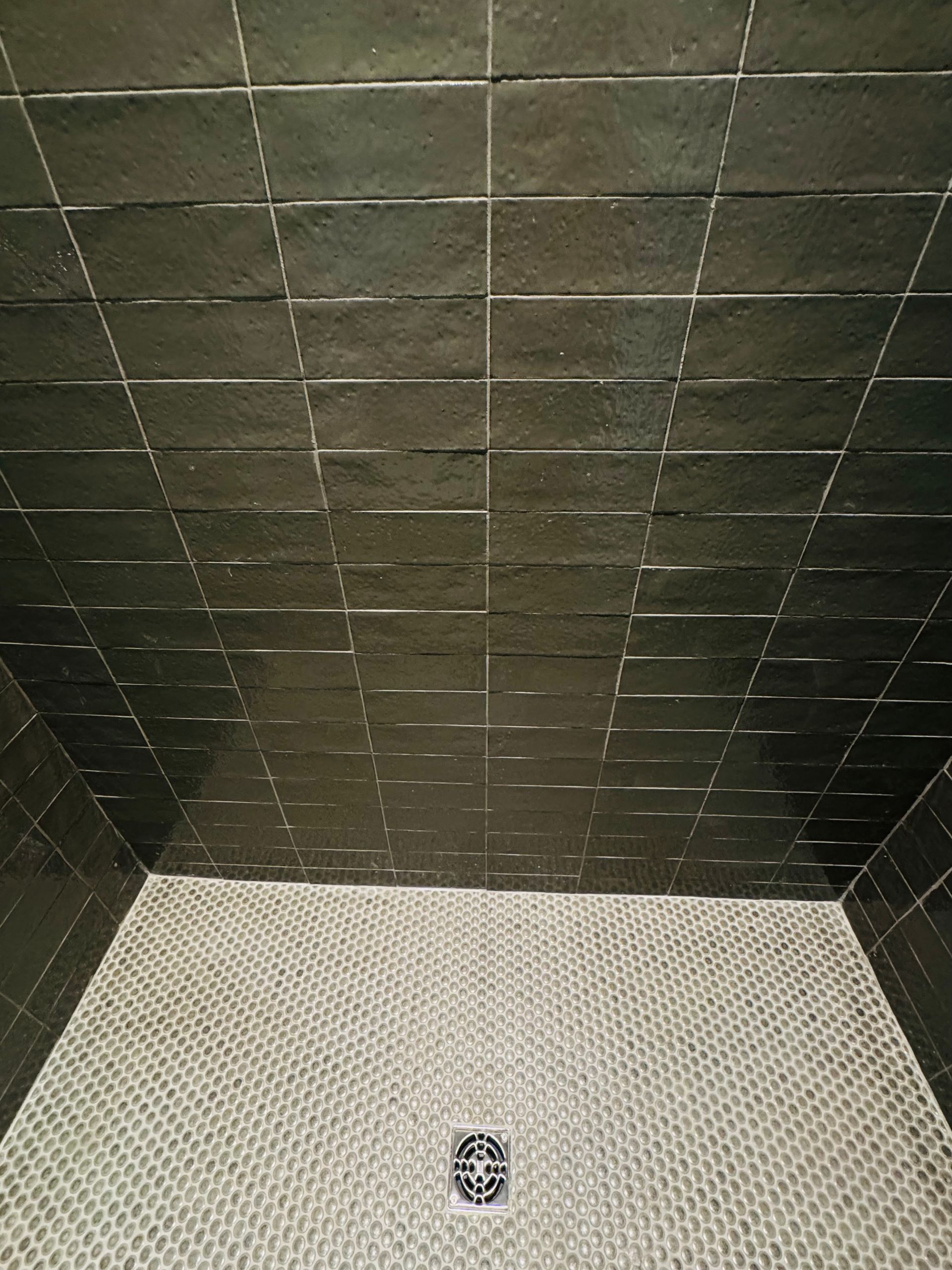 Modern white tiled bathroom with glass shower, rainfall head, built-in niche, and handheld showerhead