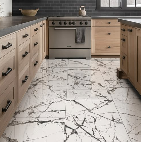 Modern kitchen with light wood cabinets, gray counters, stainless stove, and white marble-pattern tile floor.