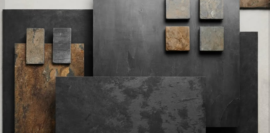 Abstract dark textured metal panels with small rust-colored square tiles arranged in a grid.