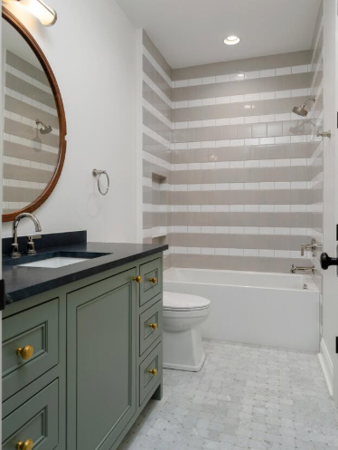 Small bathroom with sage vanity, round mirror, white toilet, and striped shower wall.