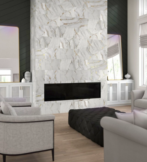 Bright modern living room with white stone fireplace, black firebox, and light gray sofas