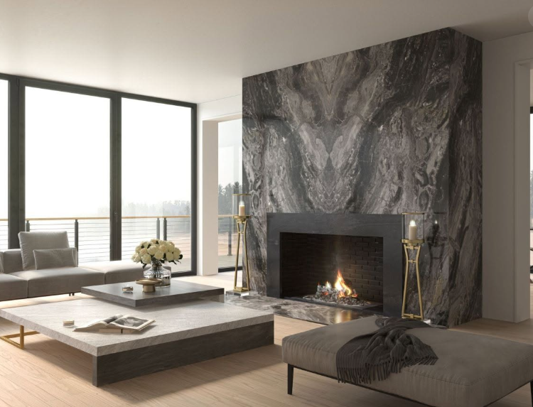 Modern living room with large windows, marble fireplace, low coffee table, and taupe chaise lounge.