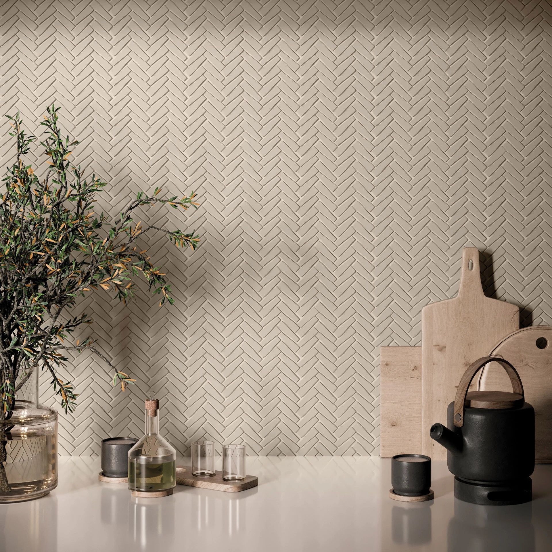 Gold armchair against a cream tiled wall, with a small white side table in the corner.
