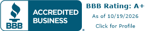 BBB Accredited Business badge with A+ rating and “Click for Profile” text on white background