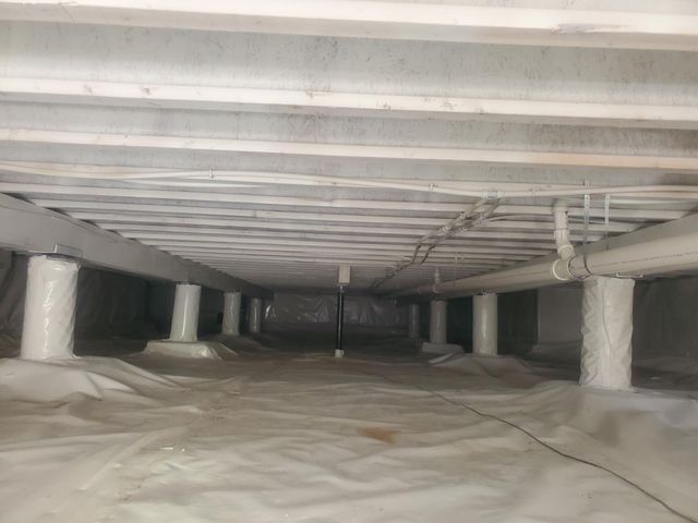 Crawlspace under a house with exposed beams, support posts, and plastic vapor barrier flooring
