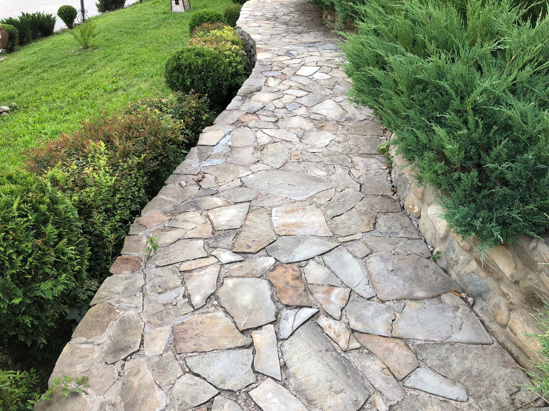 Stone garden path bordered by green shrubs and grass on a hillside
