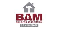 BAM Builders Association of Minnesota logo with red text and a gray house roof icon