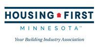 Housing First Minnesota logo with blue and teal text and a red house icon above the tagline “Your Building Industry Association”