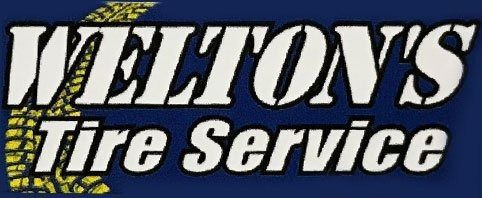 Logo for Welton's Tire Service in white text on blue background; features a tire track graphic.