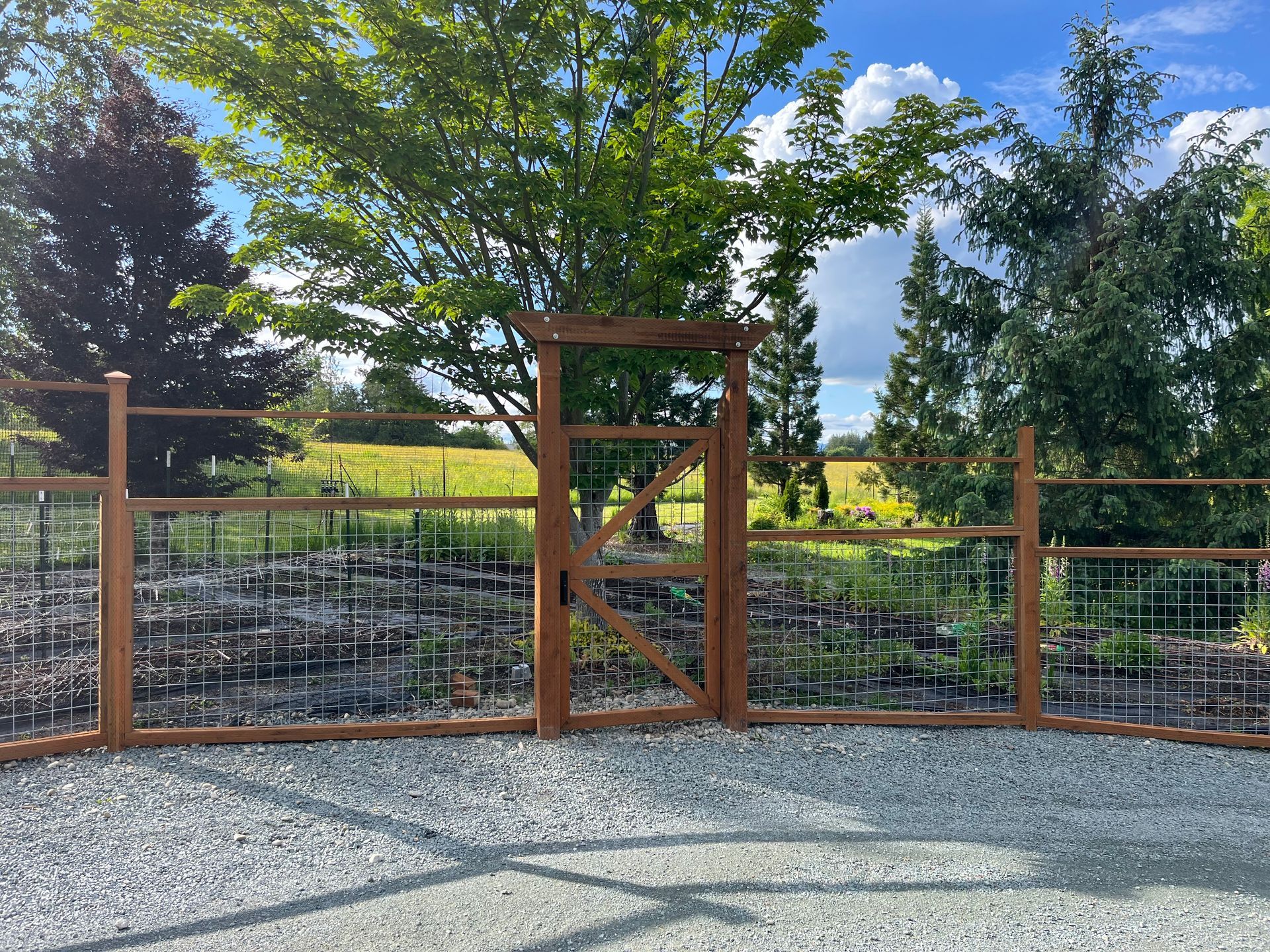 A wooden fence with a gate in the middle of a gravel driveway.
