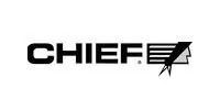 CHIEF logo in bold black text with stylized stripes and arrow graphic