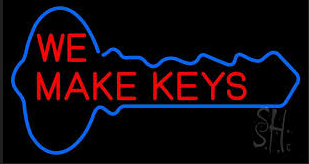 A neon sign that says we make keys