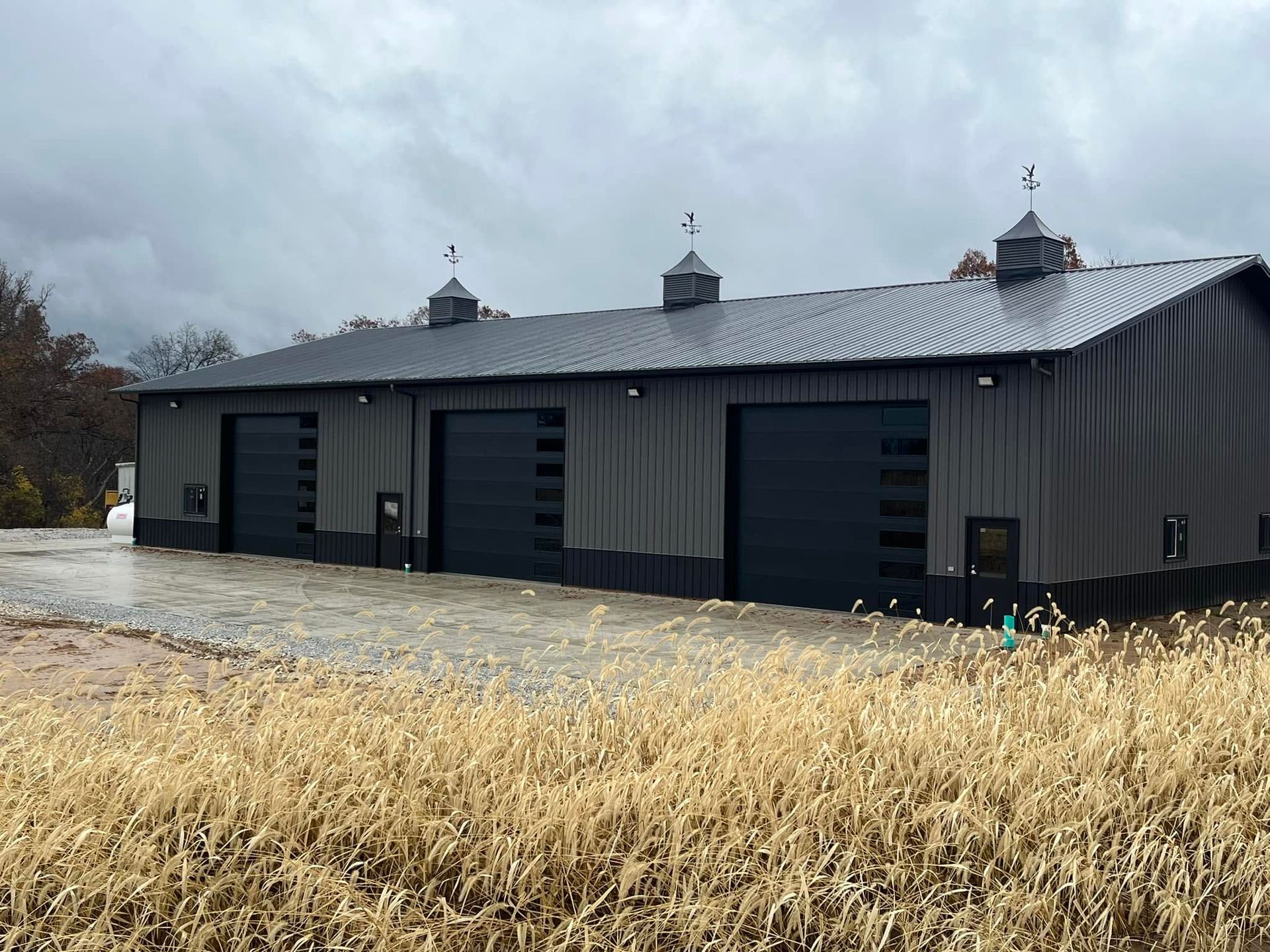 Dark gray metal building with three garage doors in a grassy field under cloudy skies