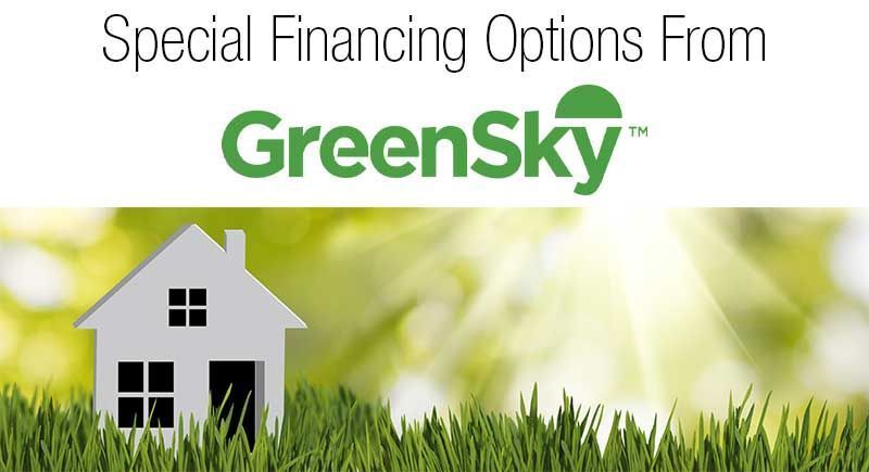 GreenSky financing advertisement: house graphic, green logo, sunshine, grass.