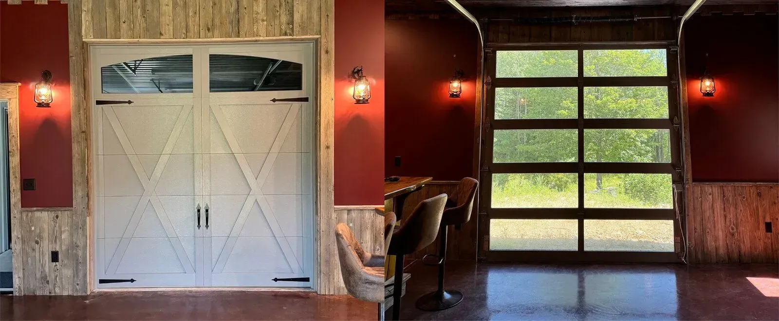 Interior with white garage door, large glass door, red walls, and wood paneling.