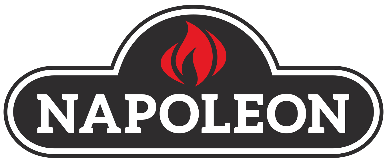 Napoleon logo with white text and red flame icon on a black oval background