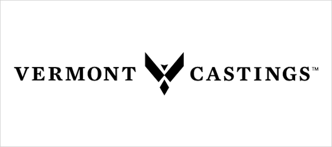 Vermont Castings logo in black text with a stylized black emblem on a white background