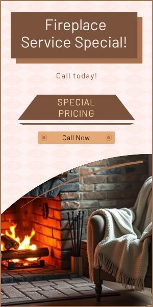 Fireplace service special ad with cozy brick fireplace, chair, and “Call Now” button