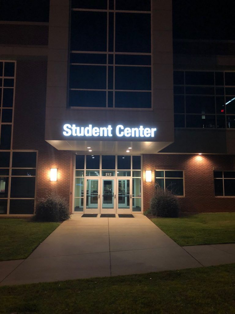 The student center is lit up at night