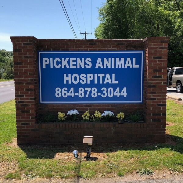 A blue sign for pickens animal hospital is on a brick wall