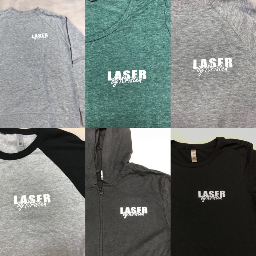 A collage of shirts with the word laser on them