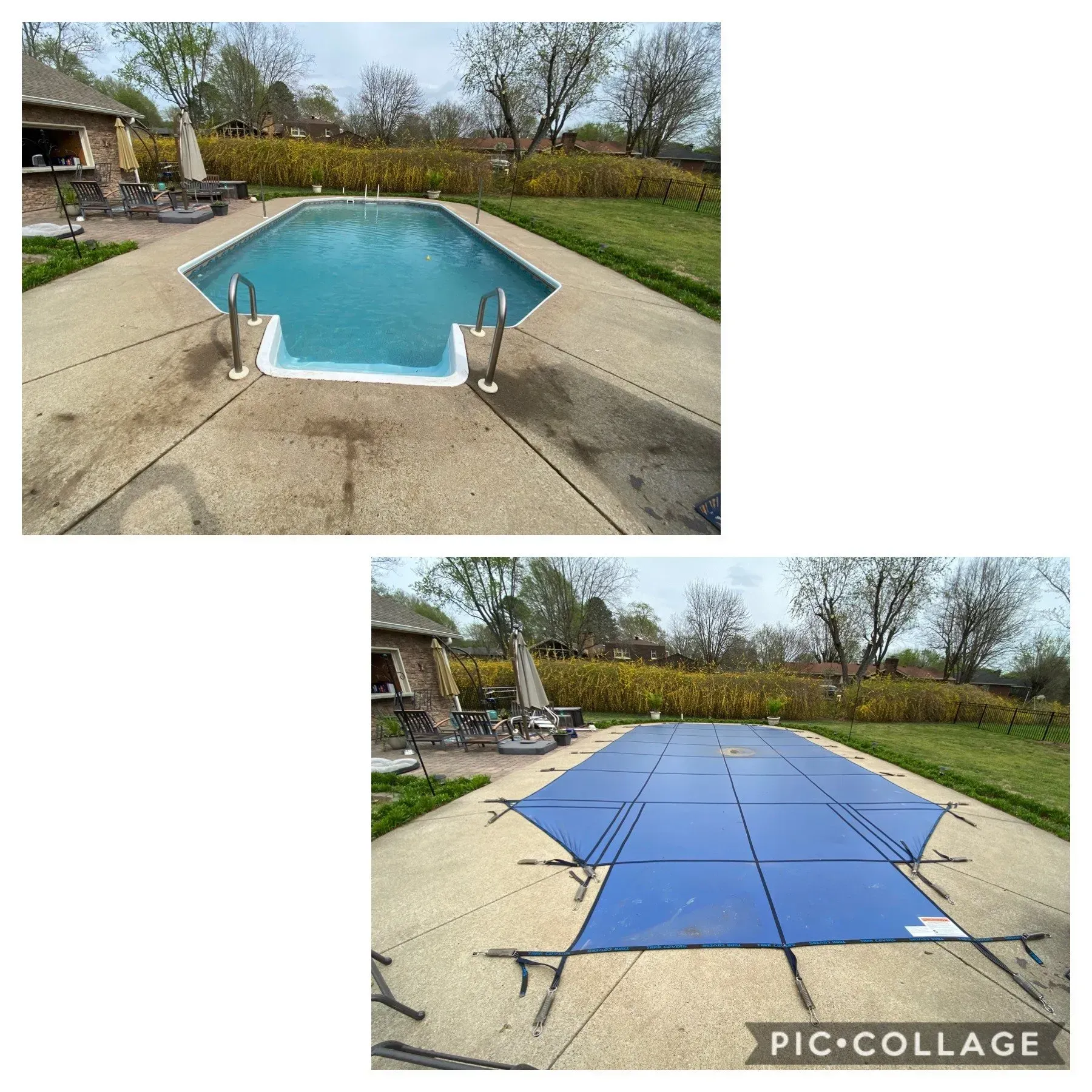 Top: Octagon pool with concrete patio. Bottom: Pool covered in blue tarp.