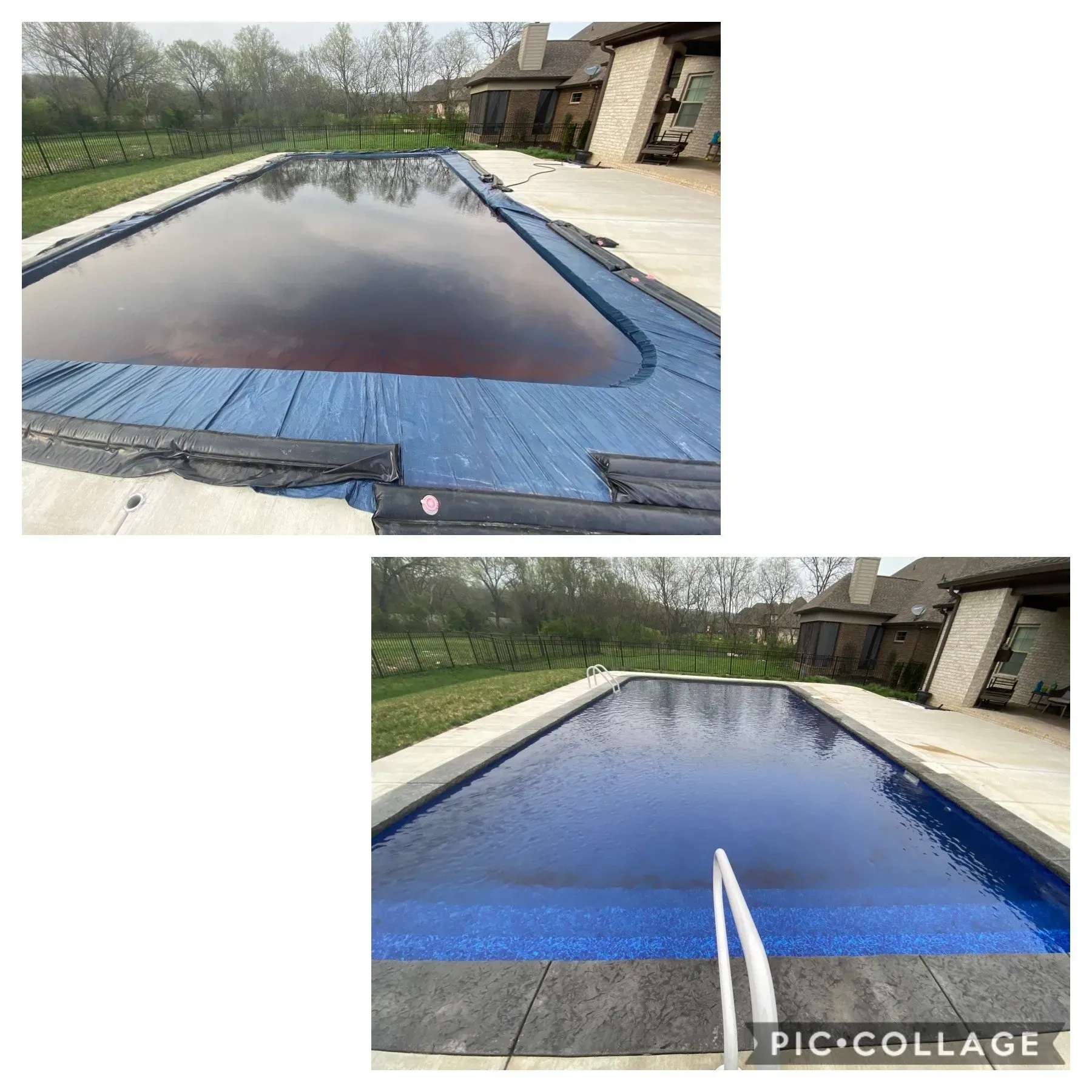 Top: Covered pool, dark water. Bottom: Clean, blue pool with steps. Suburban outdoor setting.