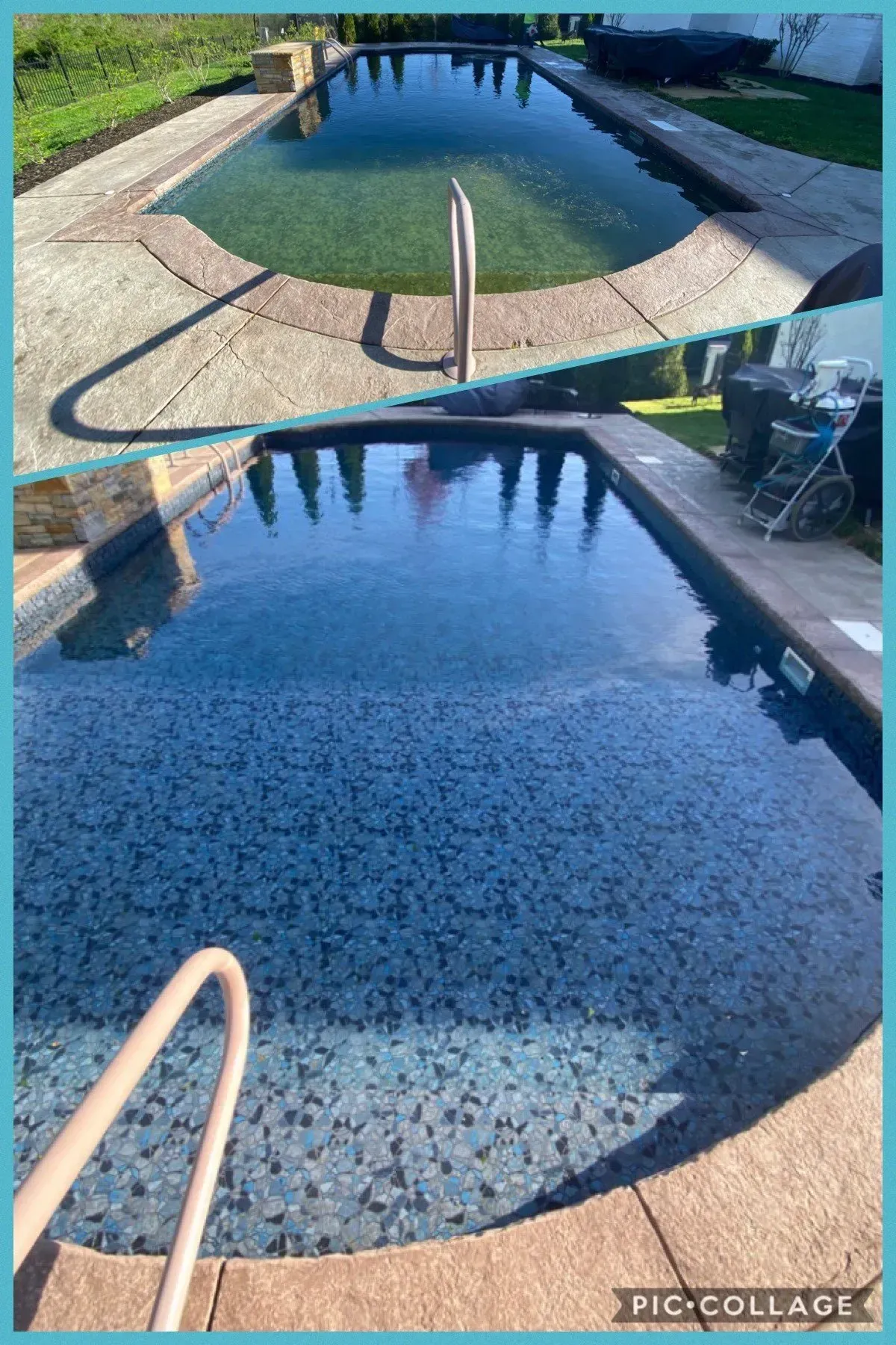 Comparison of two pool views: before with green water, after with blue tiled water.