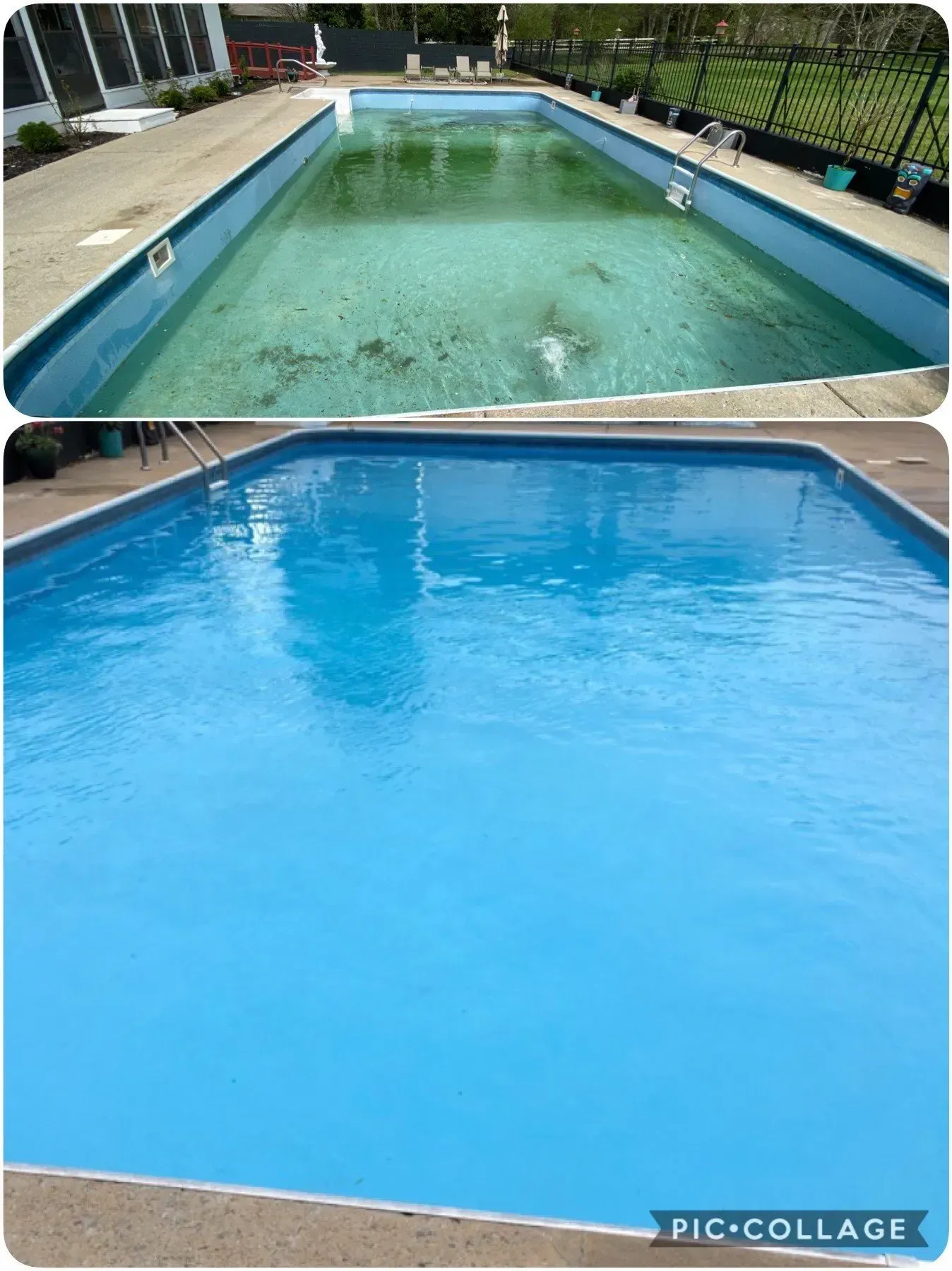 Top: Dirty pool. Bottom: Clean, blue pool. Before and after cleaning.