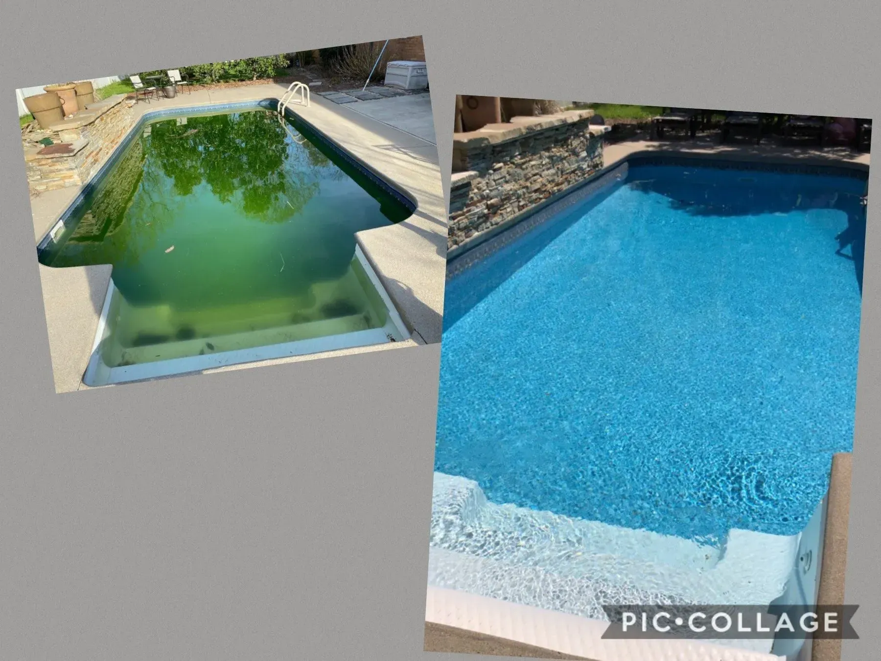 Before and after: algae-filled pool transformed to clean, bright blue with steps.