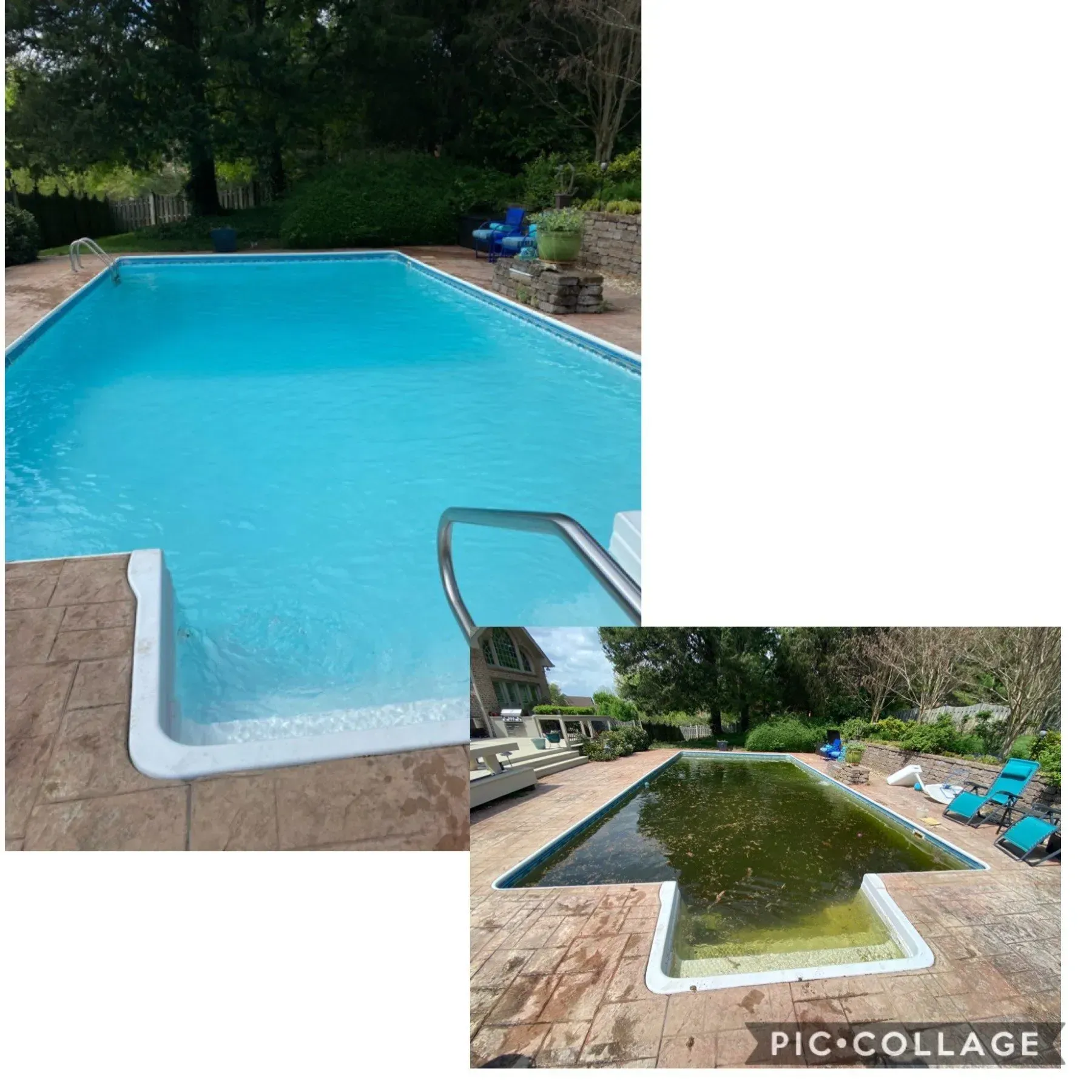 Two-panel comparison: Clean, bright blue swimming pool vs. dirty, green algae-filled pool. Outdoor setting.