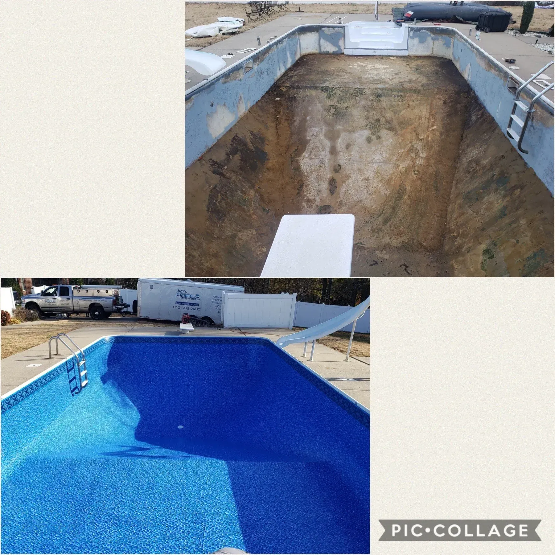 Top half: Empty pool with dirt and debris. Bottom half: Refurbished pool with blue mosaic-like liner.