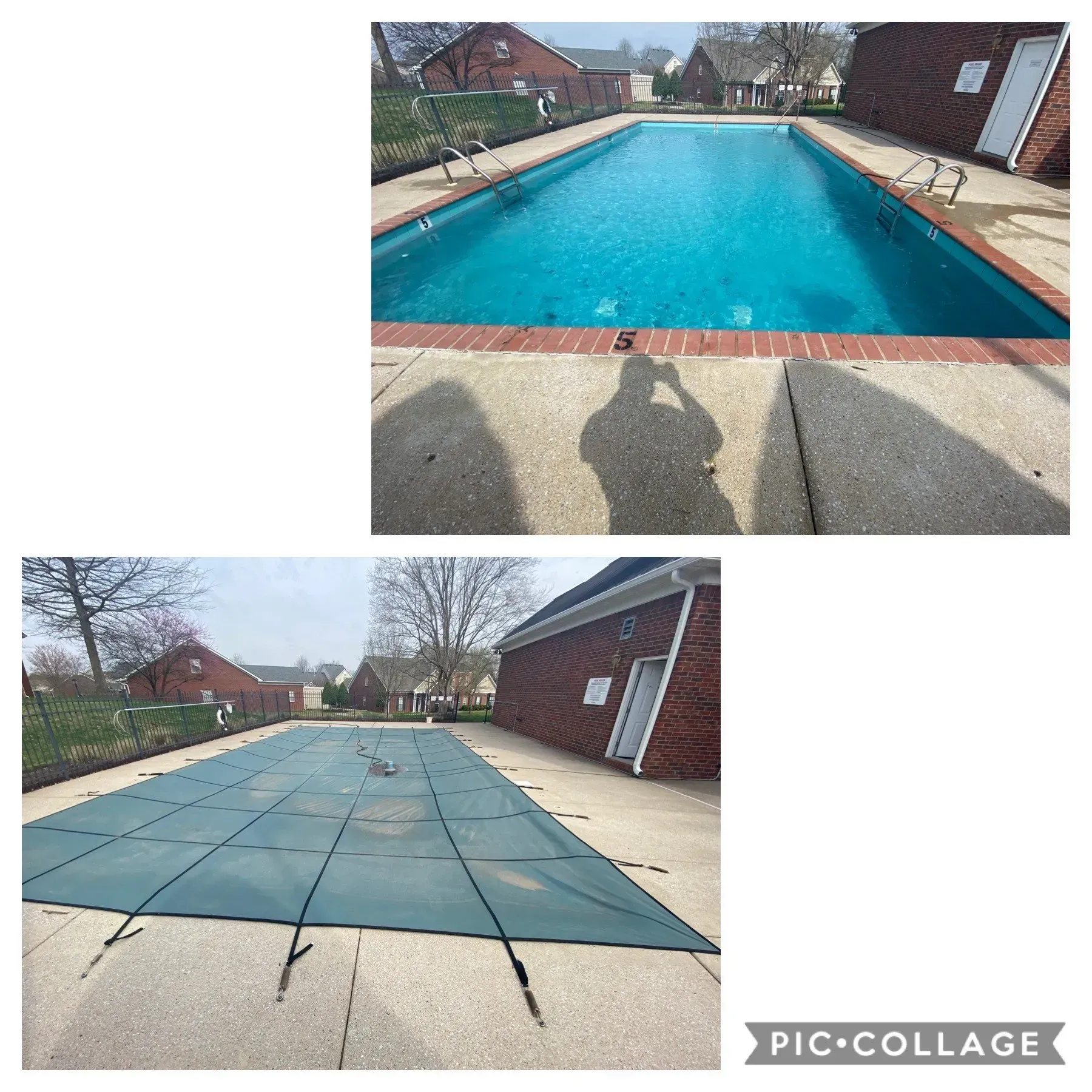 Top: Outdoor pool with turquoise water. Bottom: Pool covered in a green tarp.