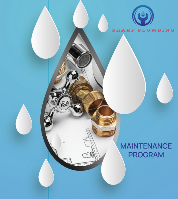 A sharp plumbing maintenance program is shown on a blue background