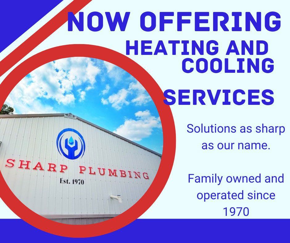 Advertisement for Sharp Plumbing offering heating and cooling services. 
