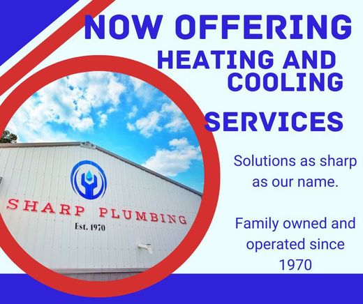 Advertisement for Sharp Plumbing offering heating and cooling services. 