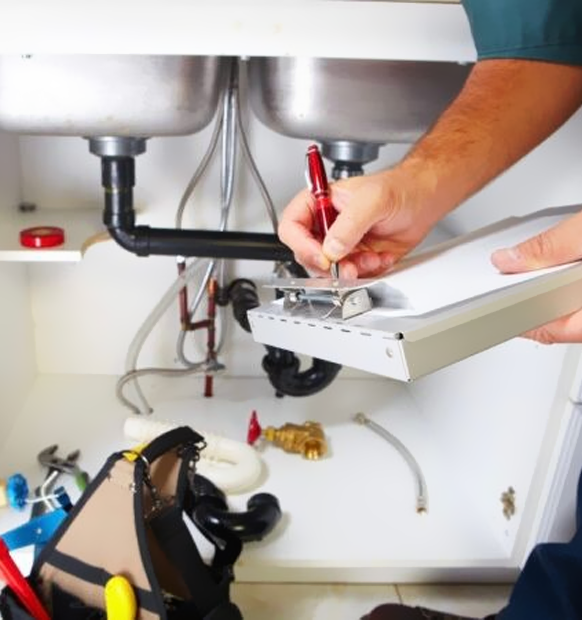A plumber is working under a kitchen sink and writing on a clipboard.